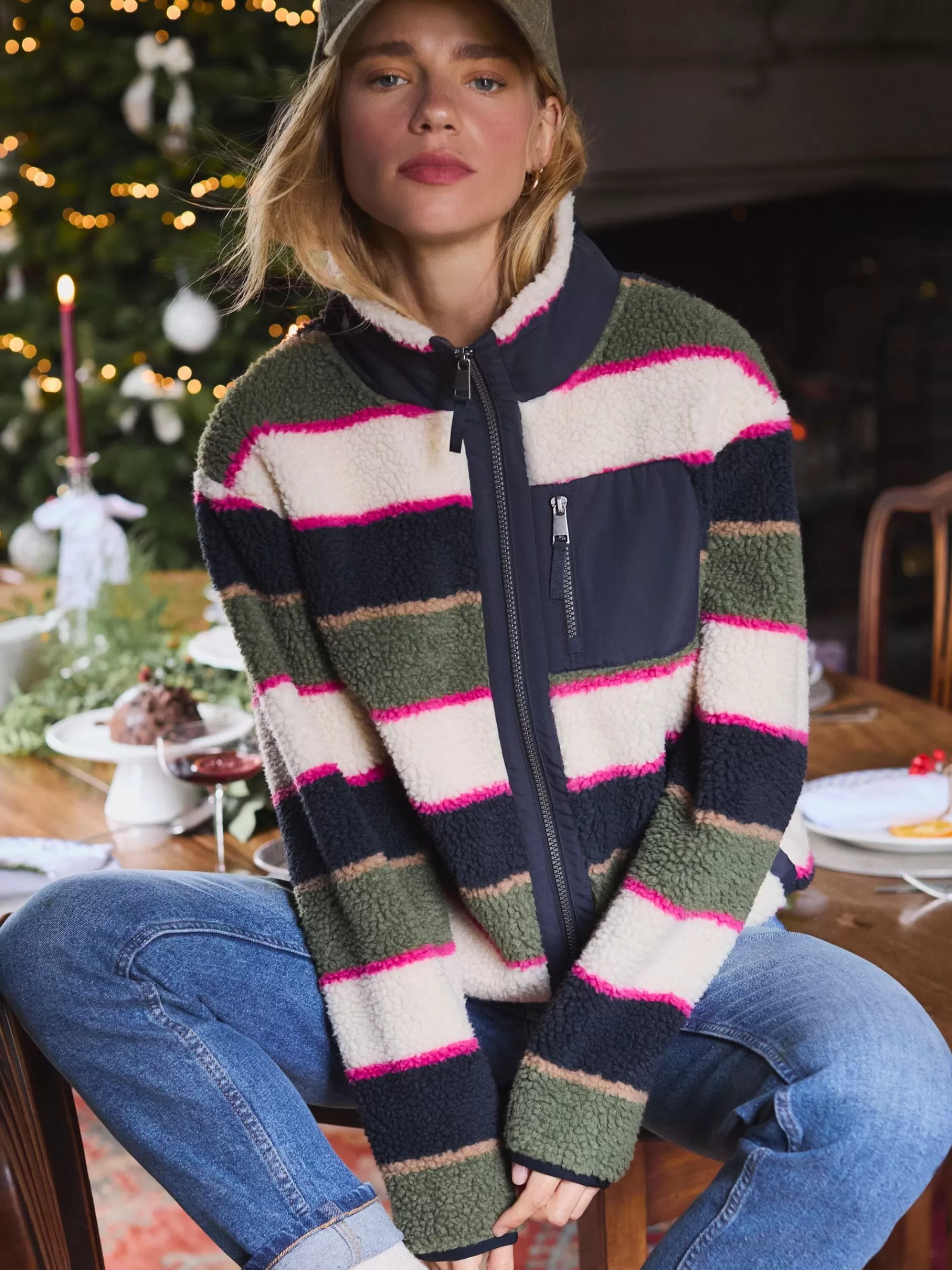 Joules Lottie Multi stripe Borg Fleece Jacket Multistripe Fashion