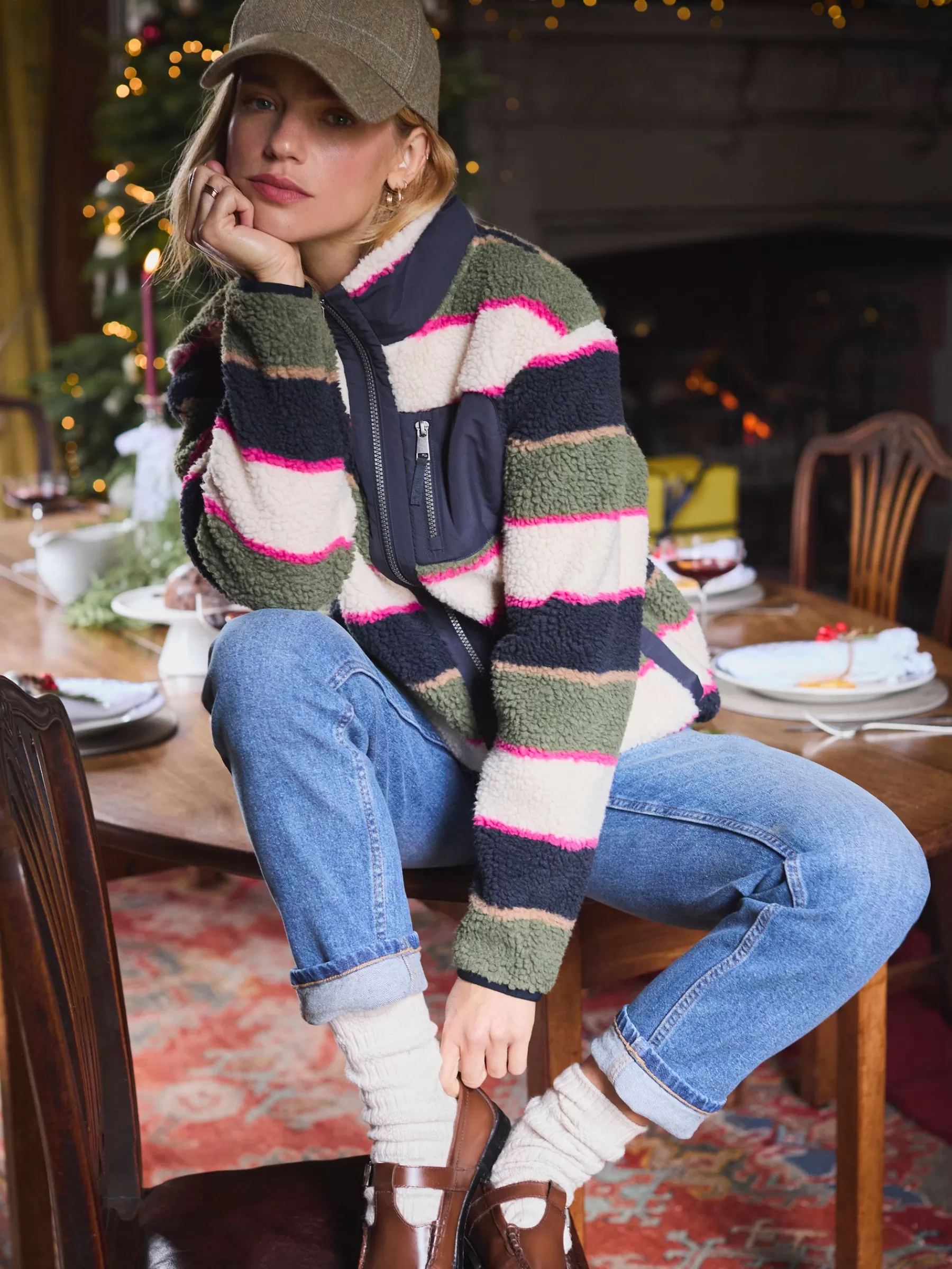 Joules Lottie Multi stripe Borg Fleece Jacket Multistripe Fashion