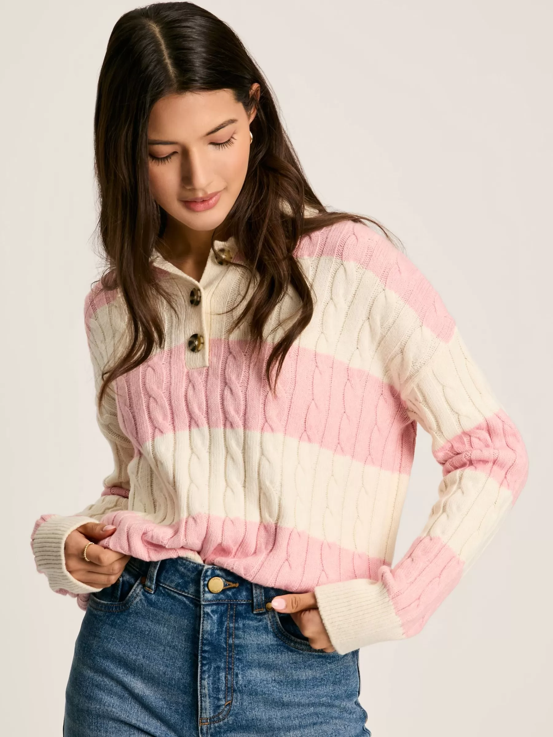 Joules Love All Cable Knit Jumper with Button Collar Pink Store