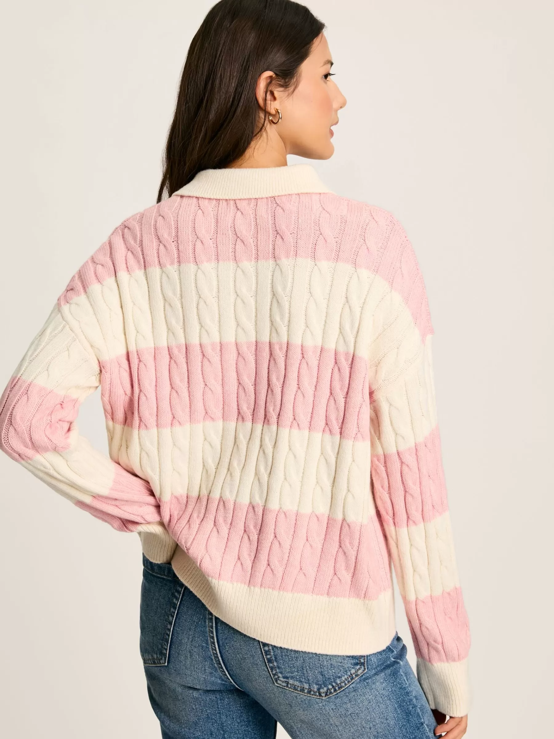 Joules Love All Cable Knit Jumper with Button Collar Pink Store