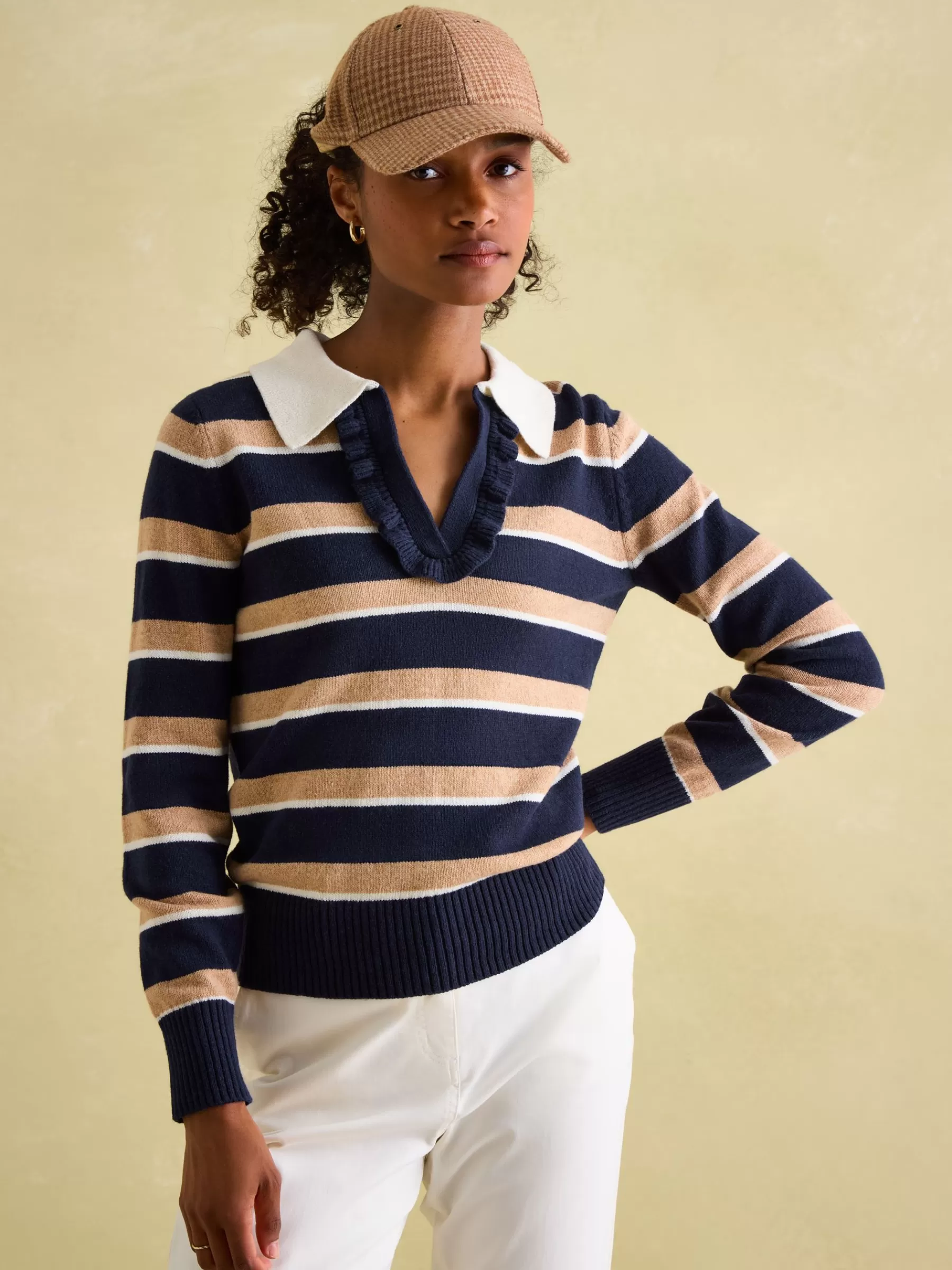 Joules Maddie V Neck Stripe Jumper with Collar Navy/Oatmeal Cheap