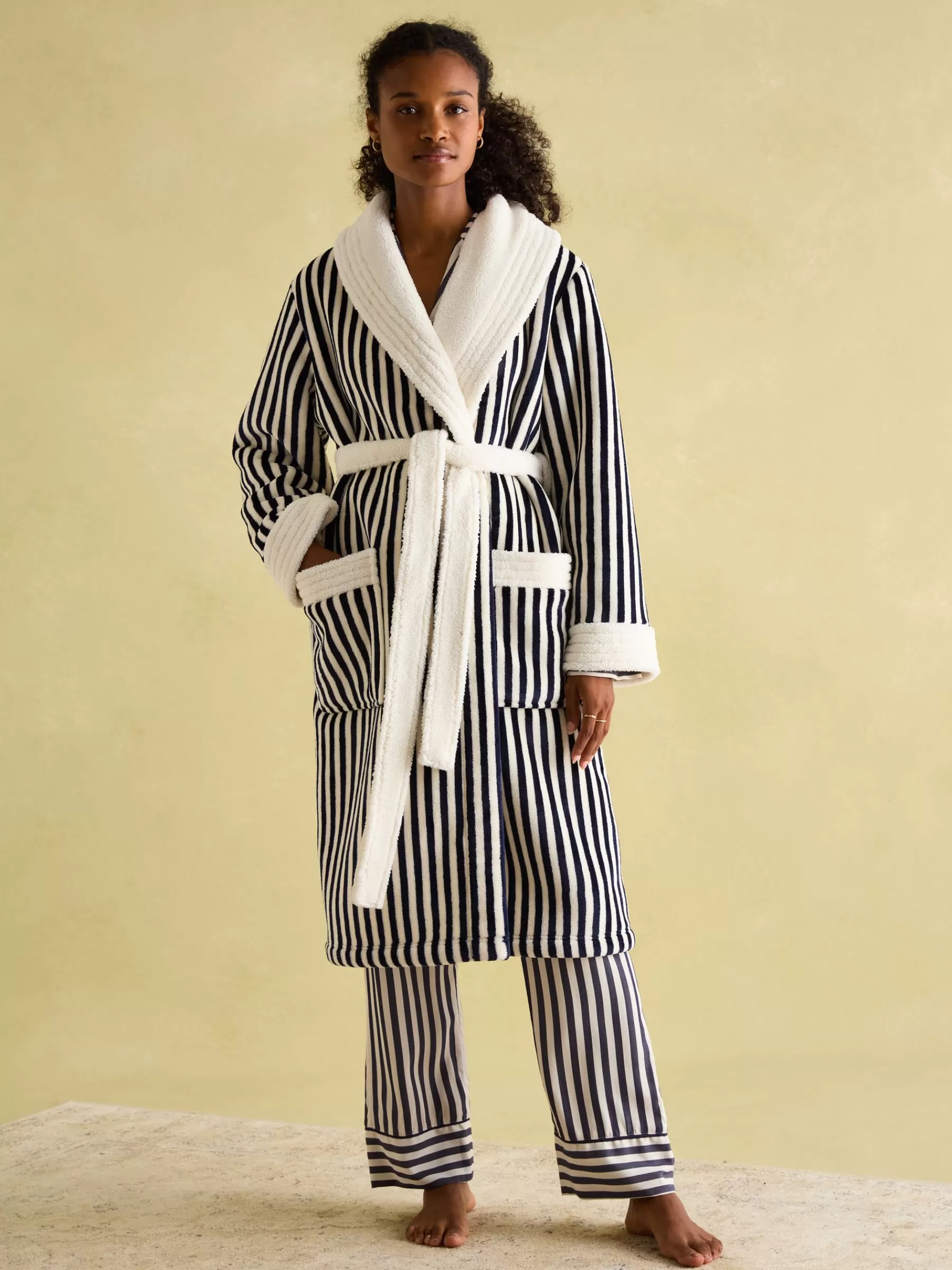 Joules Matilda Navy & White Fleece Lined Striped Dressing Gown Navy&White Clearance