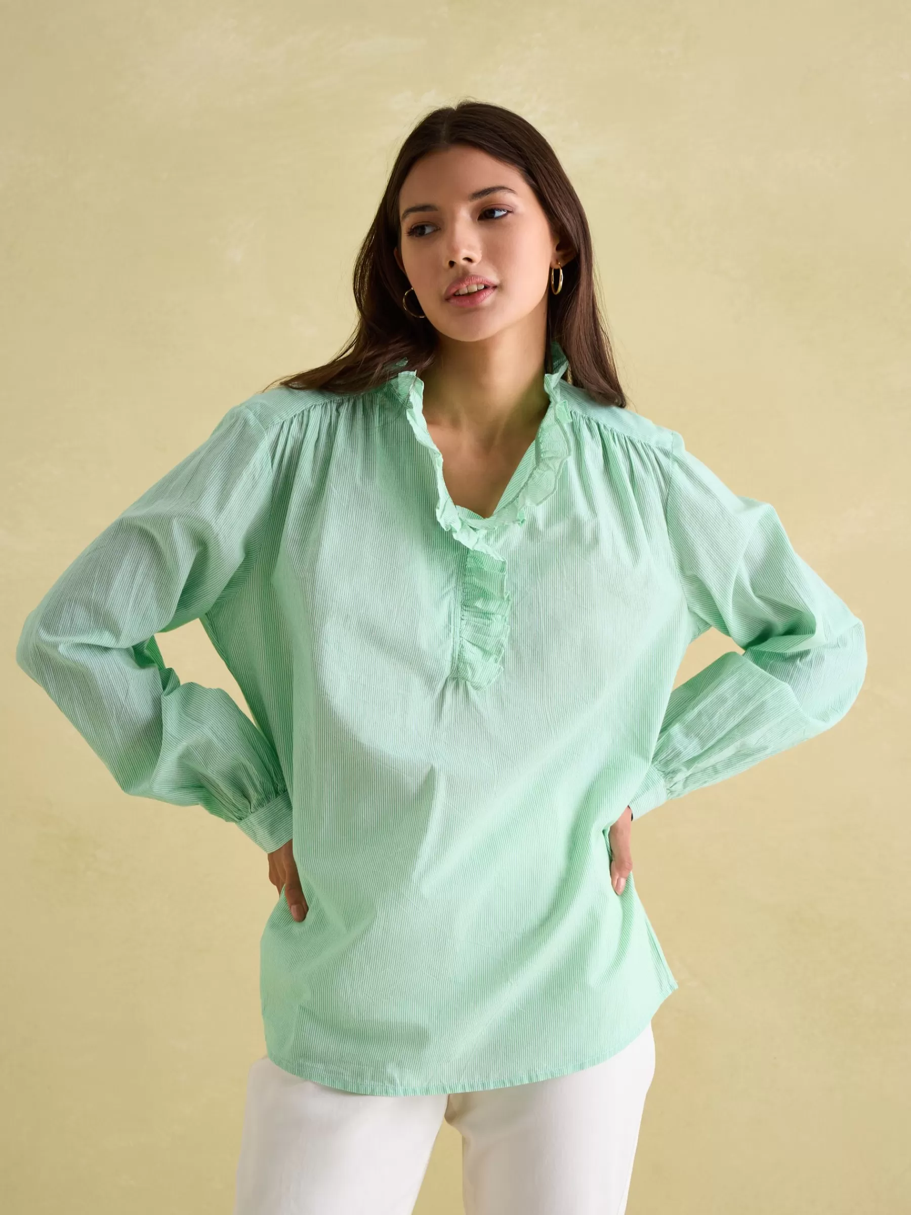 Joules Melanie Cotton Ruffle Blouse Green/White Discount