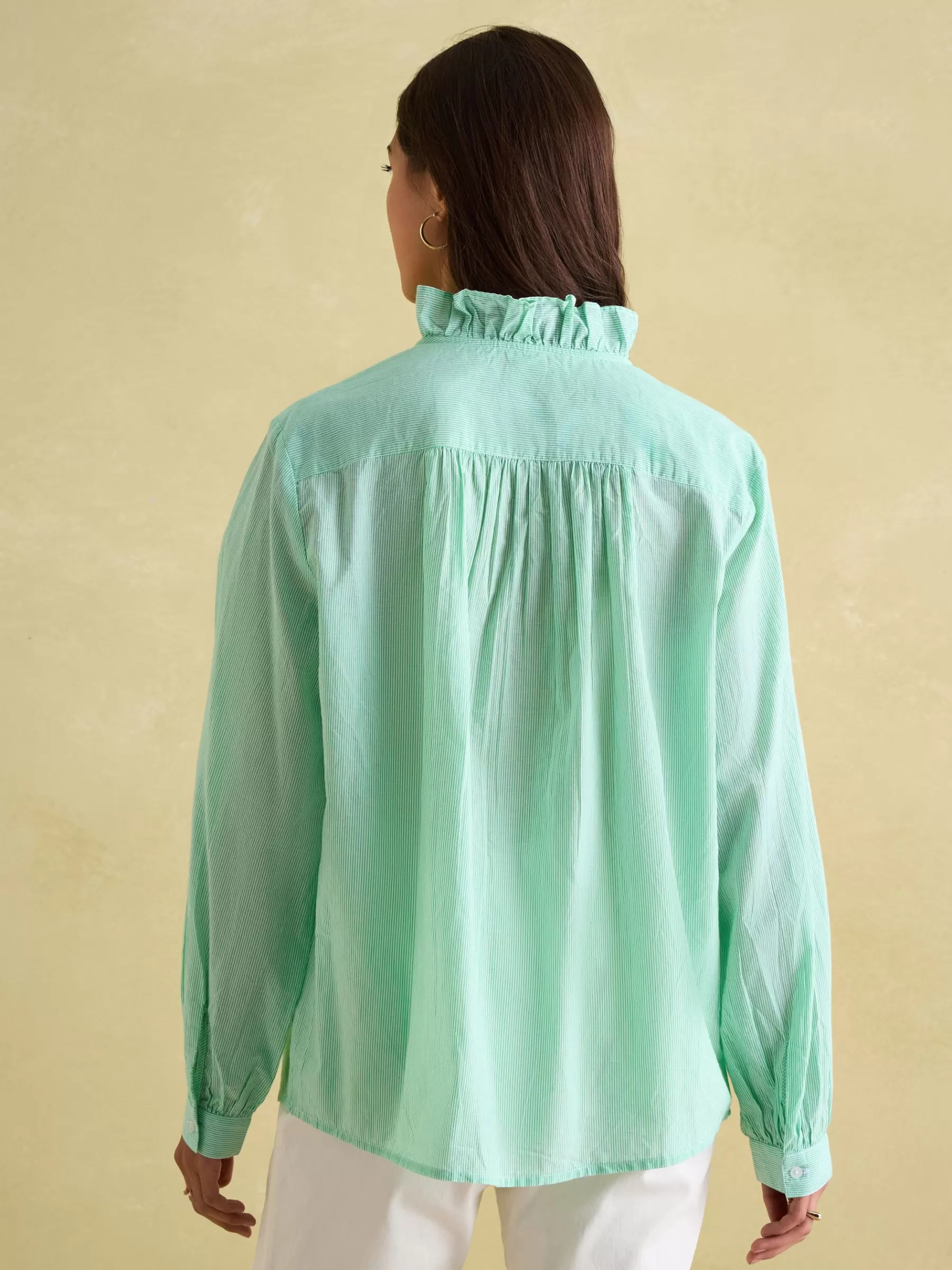 Joules Melanie Cotton Ruffle Blouse Green/White Discount