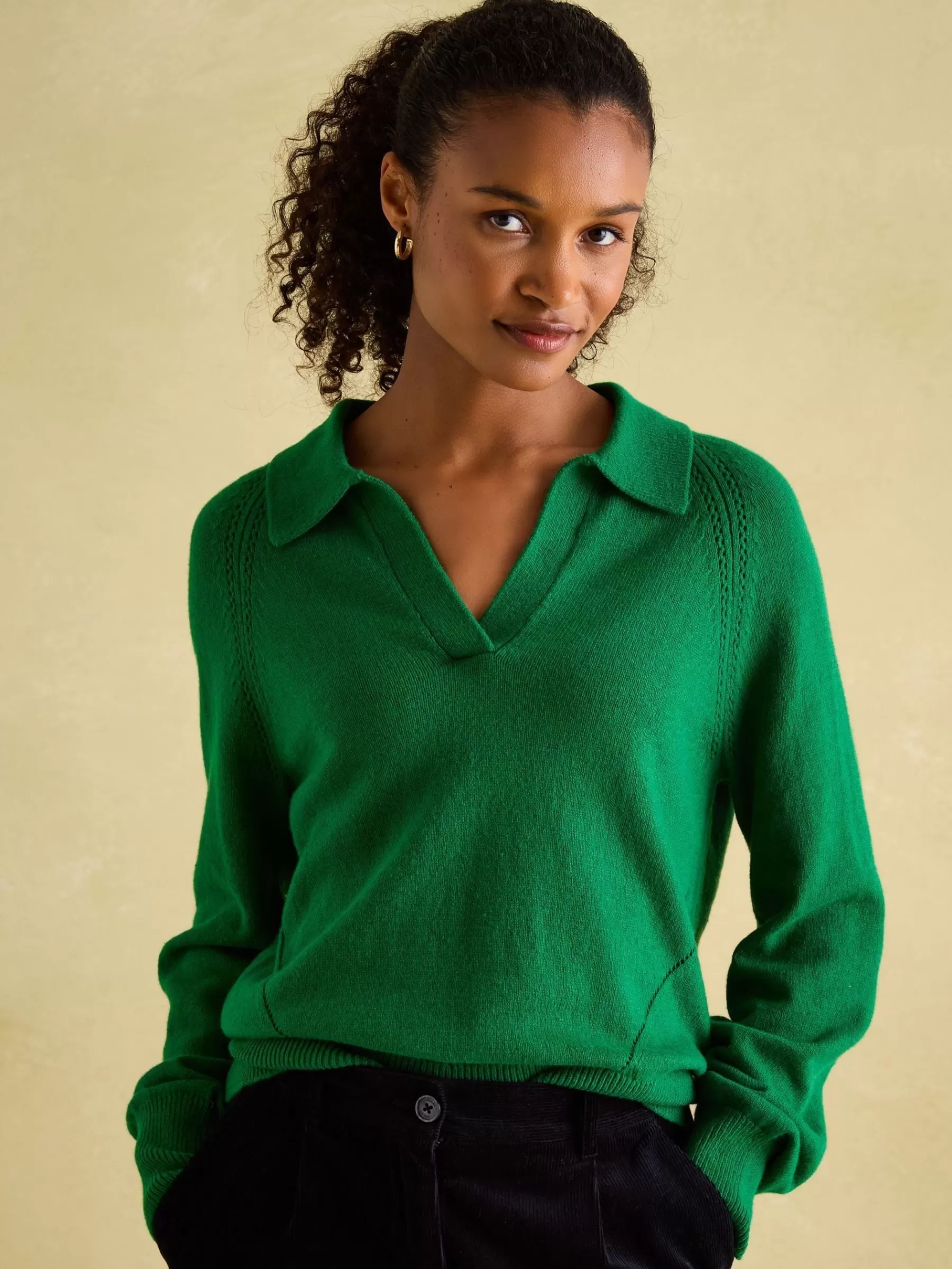 Joules Mia Pointelle Jumper with Open Collar Green Shop