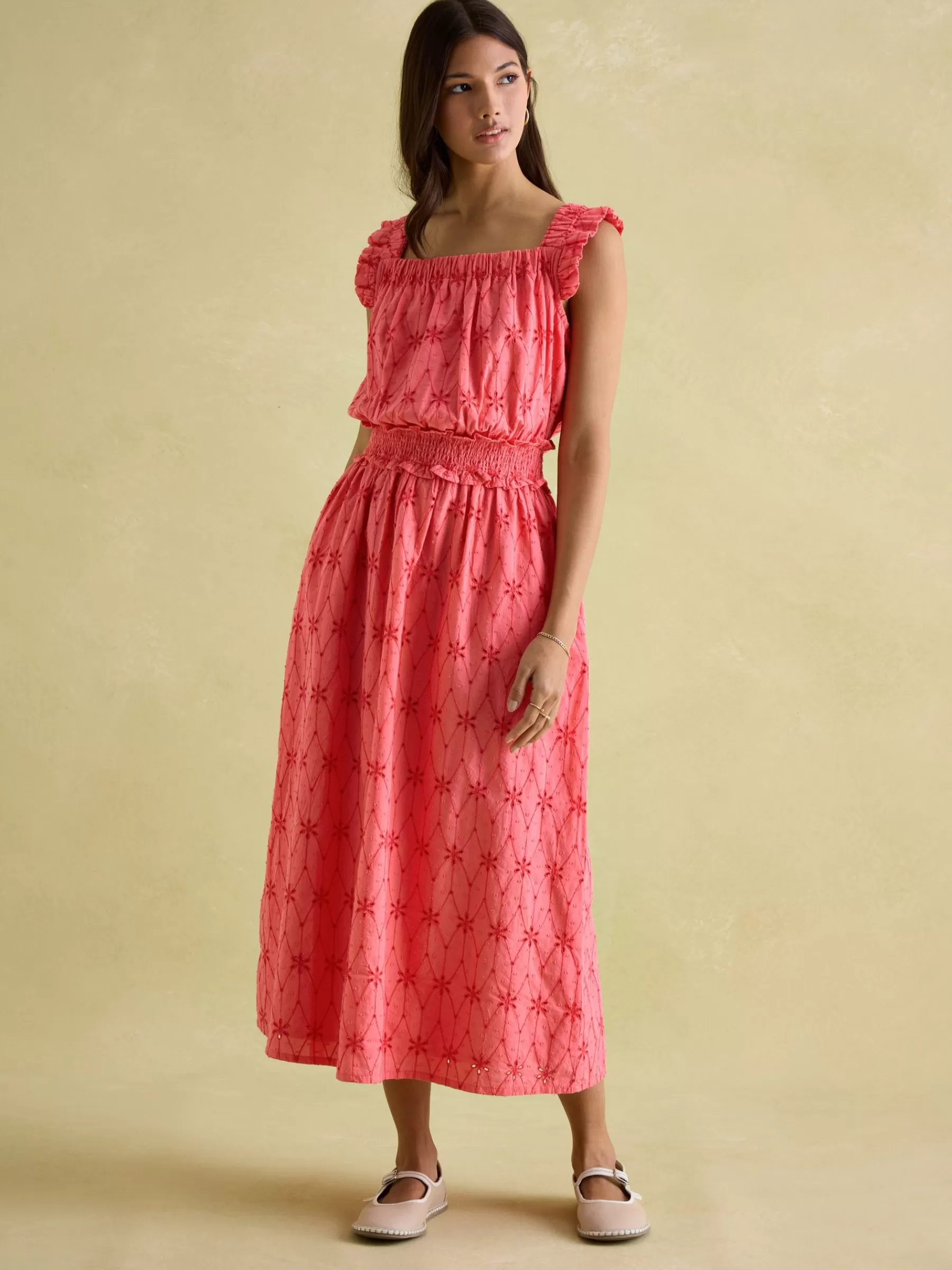 Joules Nadia Coral Pink Broderie Sun Dress CoralPink Clearance