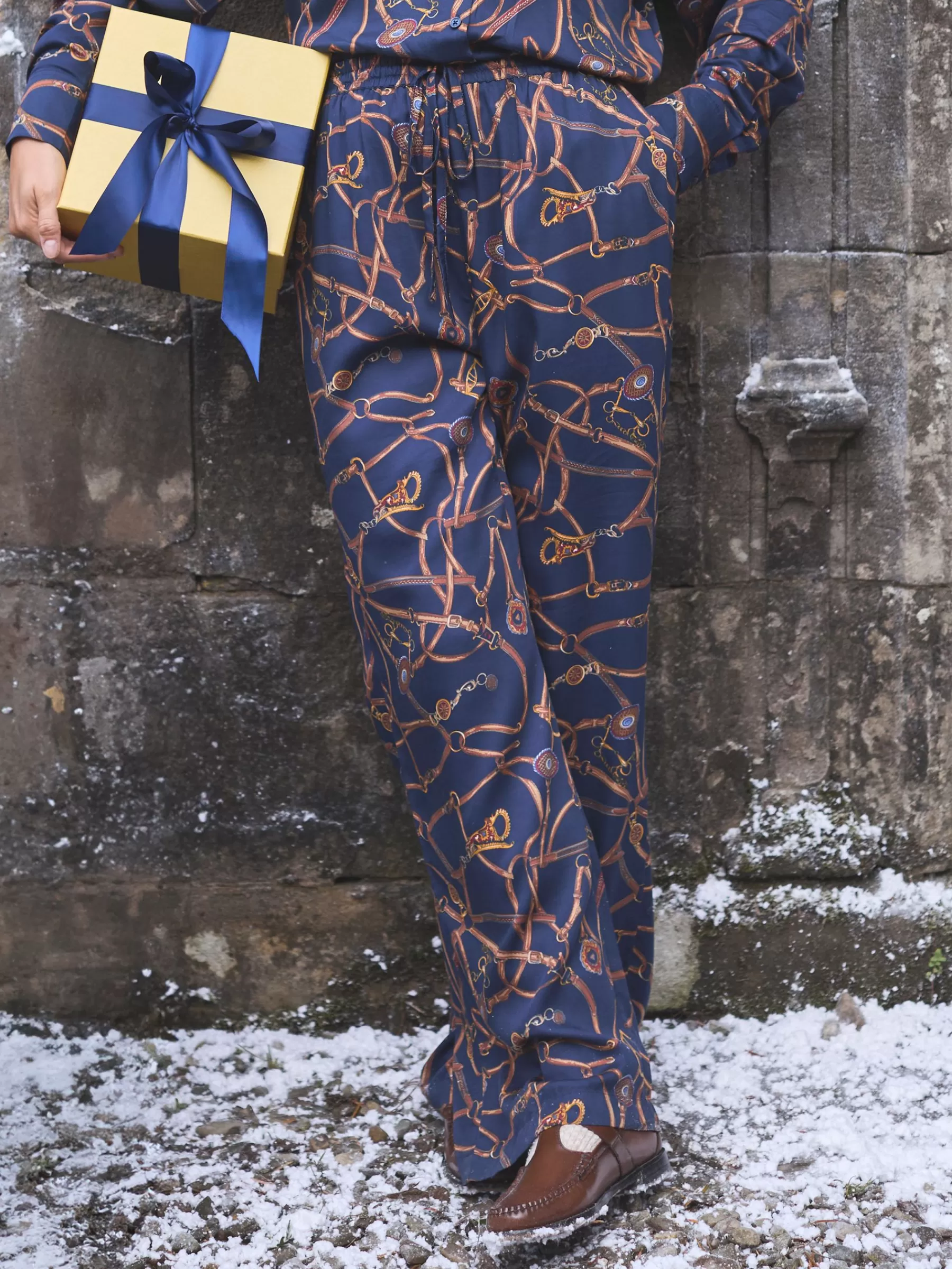 Joules Navy Blue Bridle Wide Leg Printed Satin Trousers NavyBlueBridle Shop