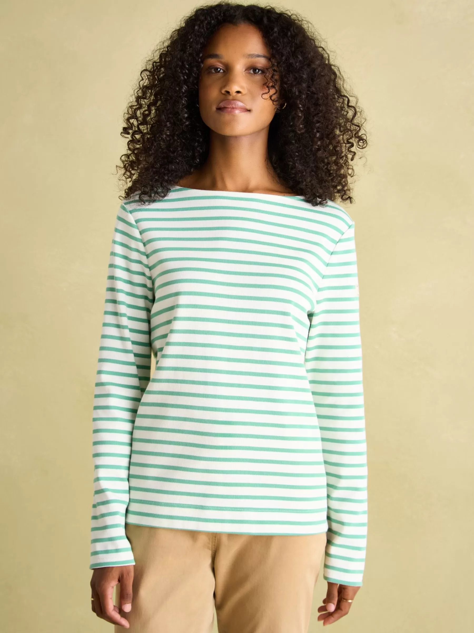 Joules New Harbour Cream & Green Striped Boat Neck Breton Top Cream&GreenStriped Outlet