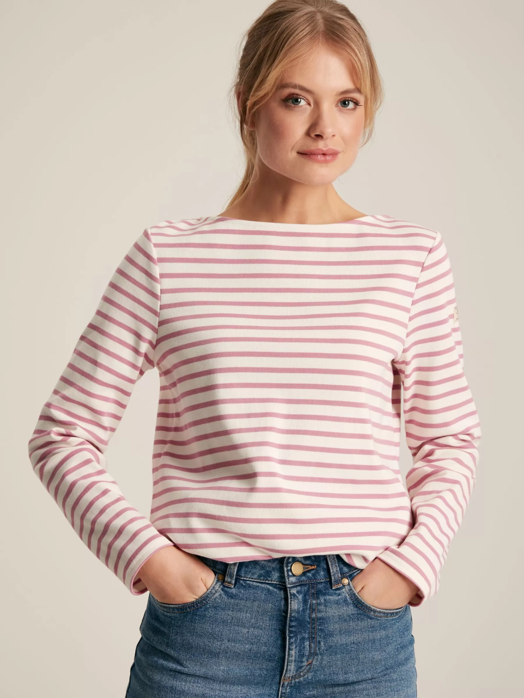 Joules New Harbour Cream & Pink Striped Boat Neck Breton Top Cream&PinkStriped Clearance