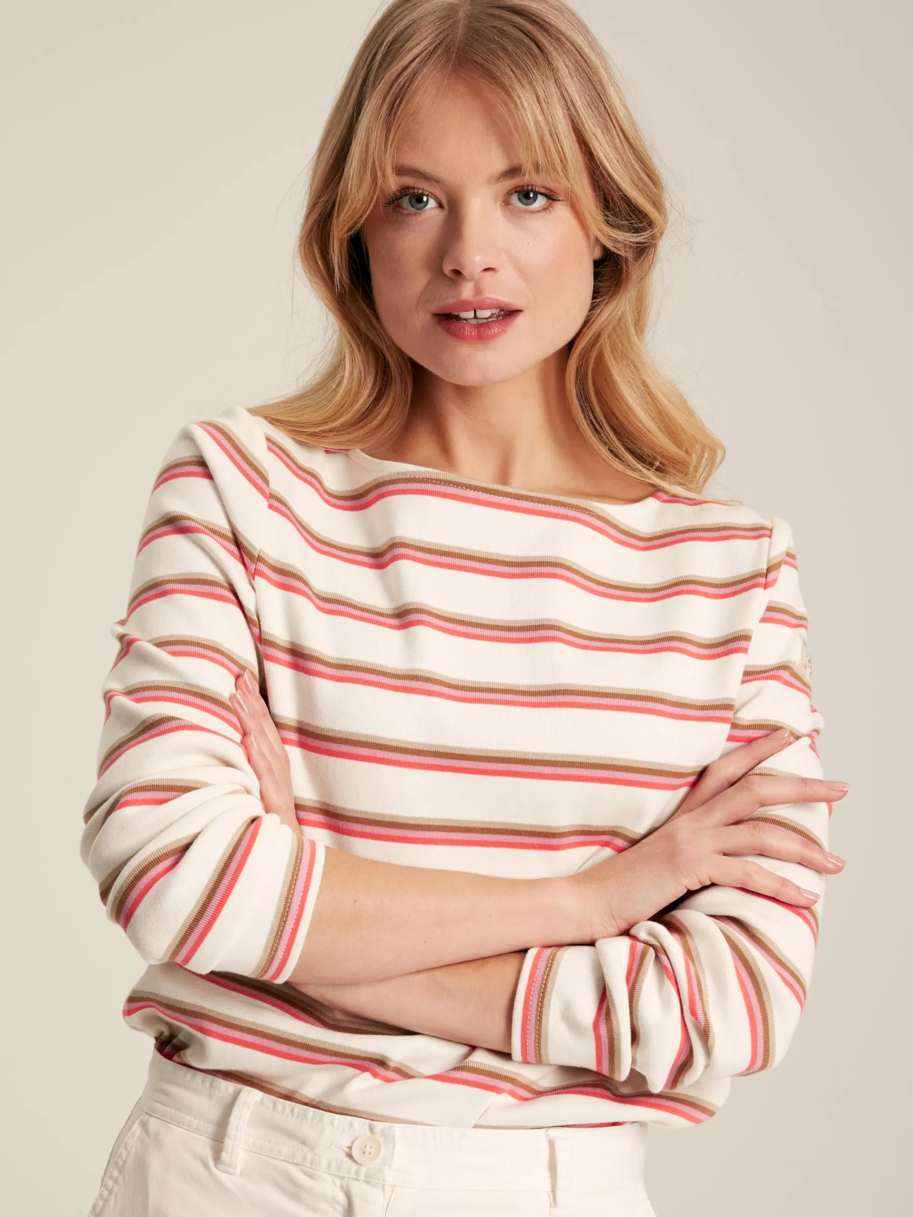 Joules New Harbour Pink & Tan Striped Boat Neck Breton Top Pink&TanStriped Sale