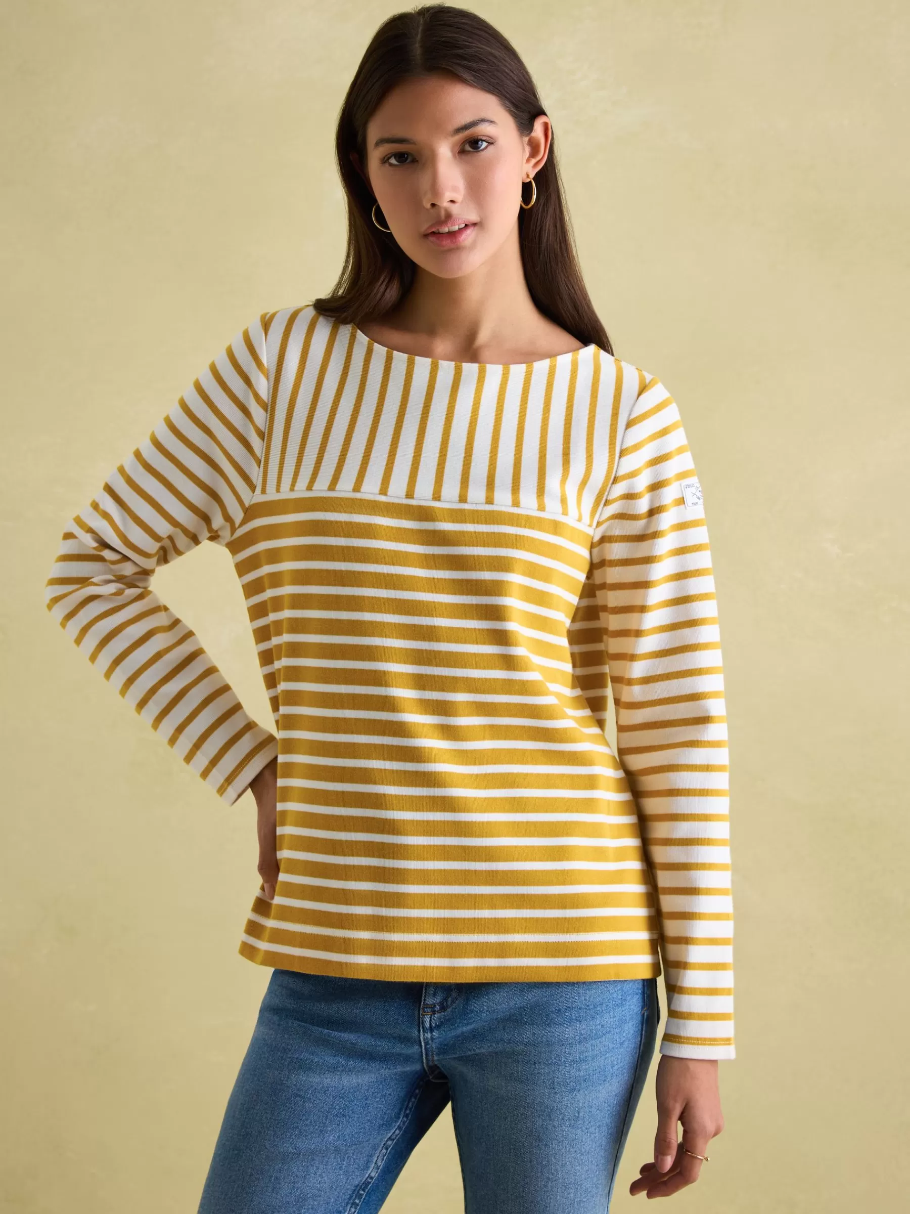 Joules New Harbour Yellow/ Cream Boat Neck Breton Top Yellow/Cream New