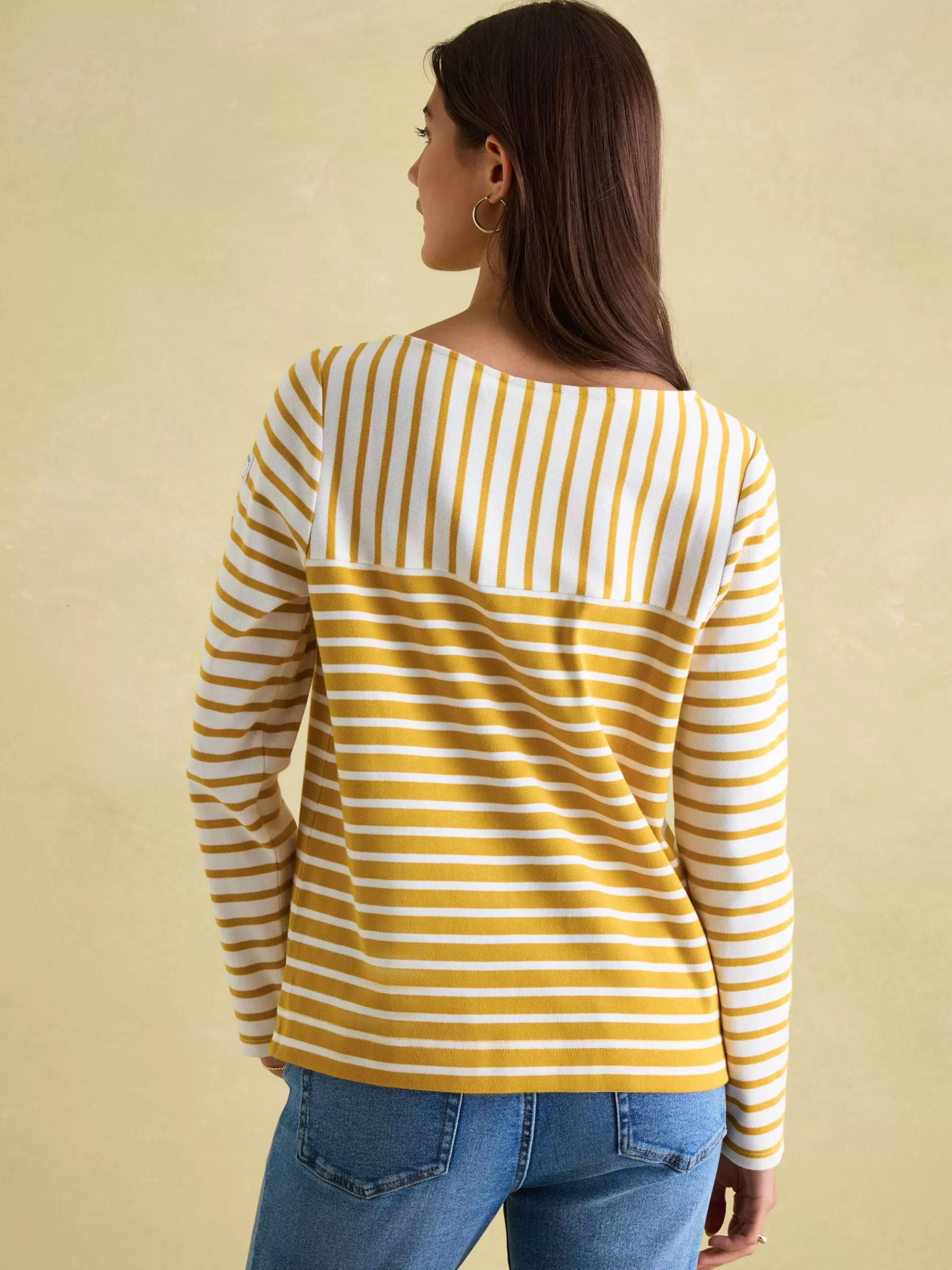 Joules New Harbour Yellow/ Cream Boat Neck Breton Top Yellow/Cream New