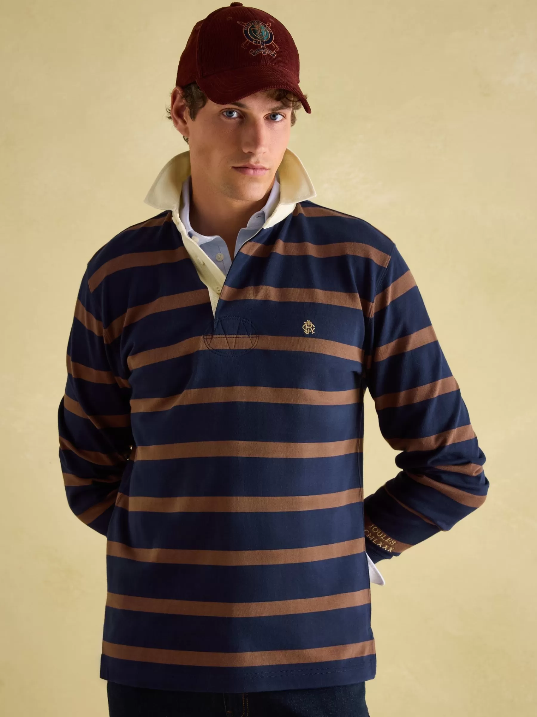 Joules Onside Navy & Brown Striped Rugby Shirt Navy&Brown Cheap