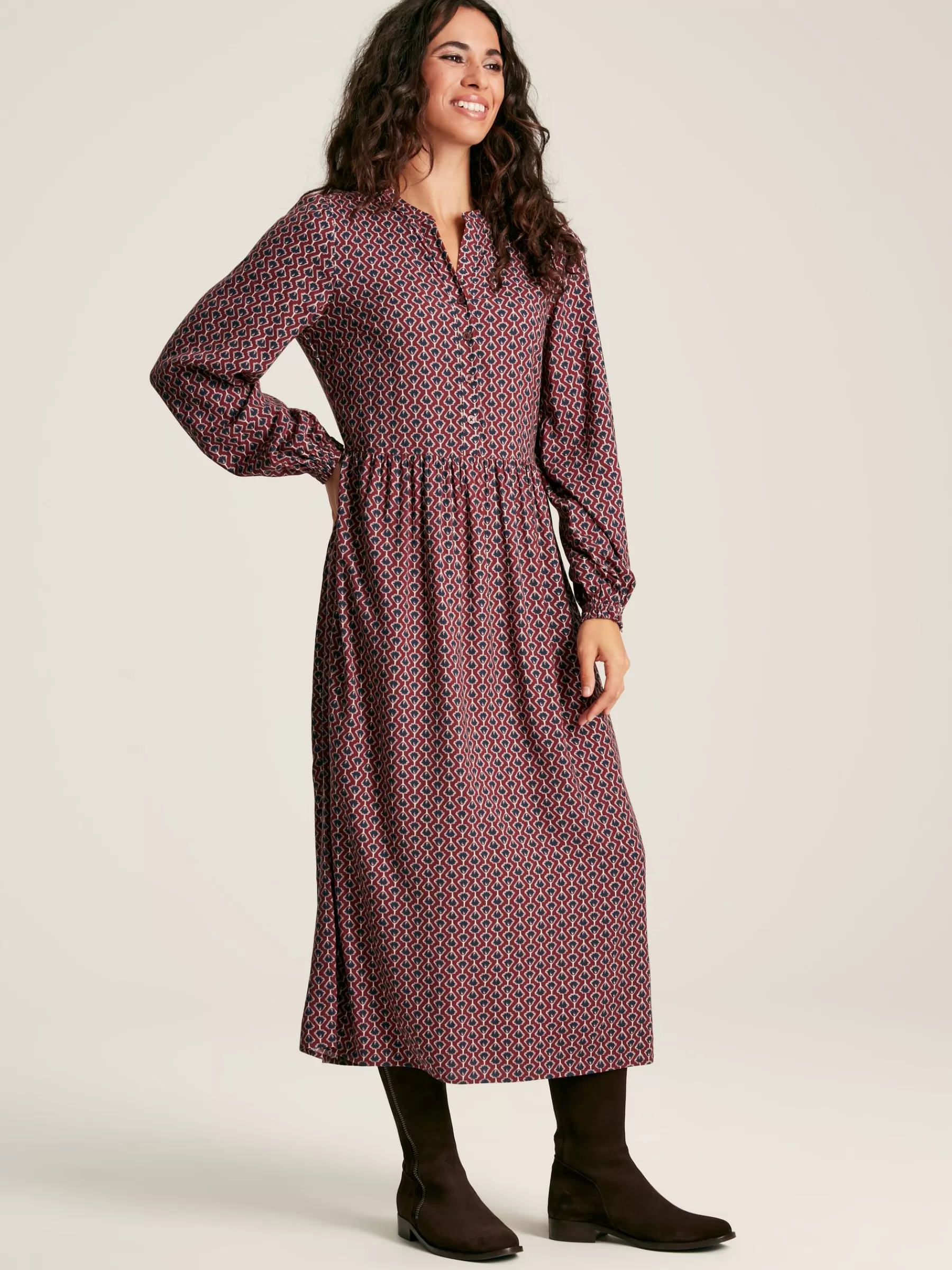 Joules Robyn Burgundy Red Balloon Sleeve Midi Dress BurgundyRed Outlet