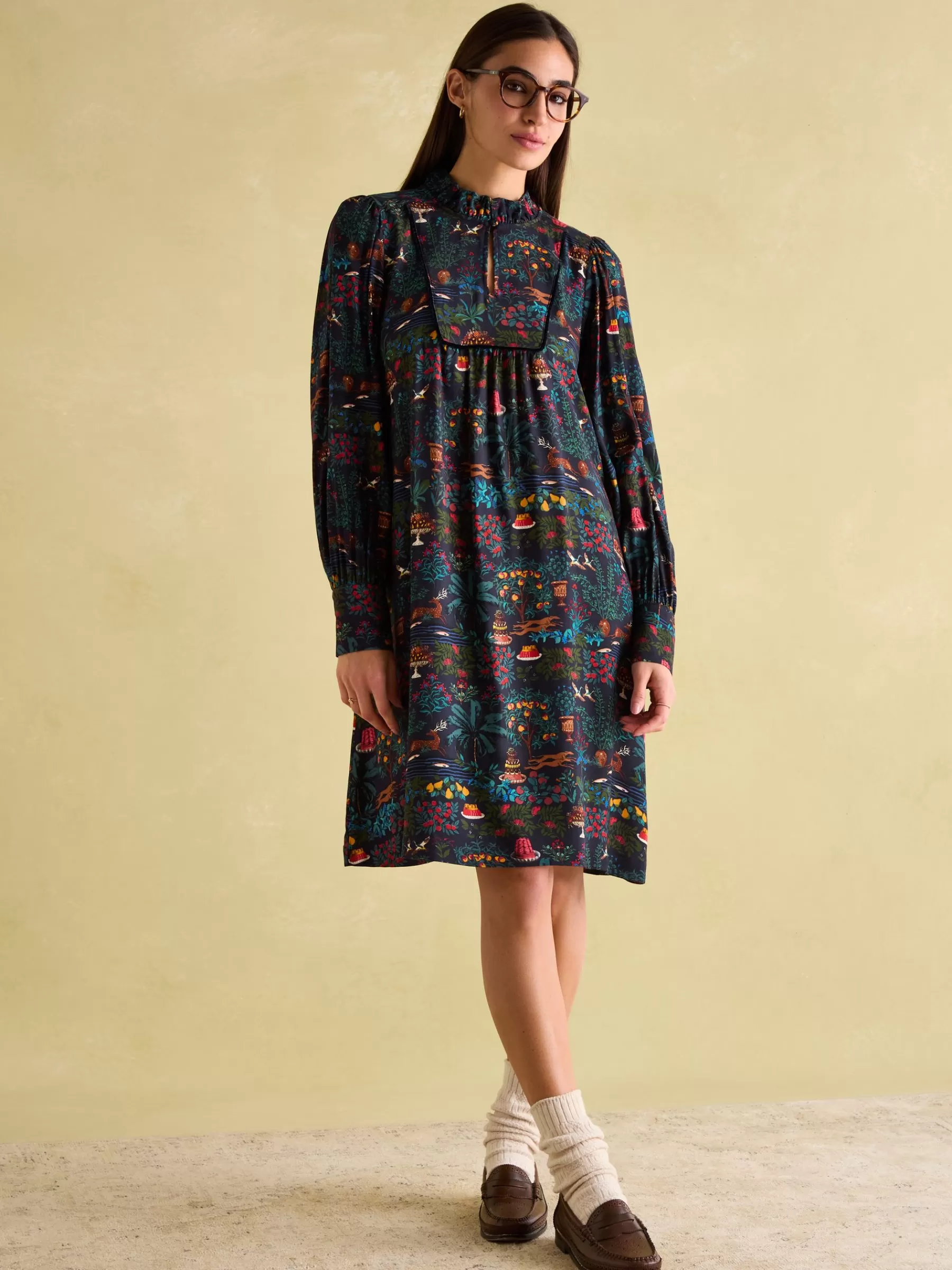 Joules Rosette Printed Dress with Pie Crust Neck Black Best