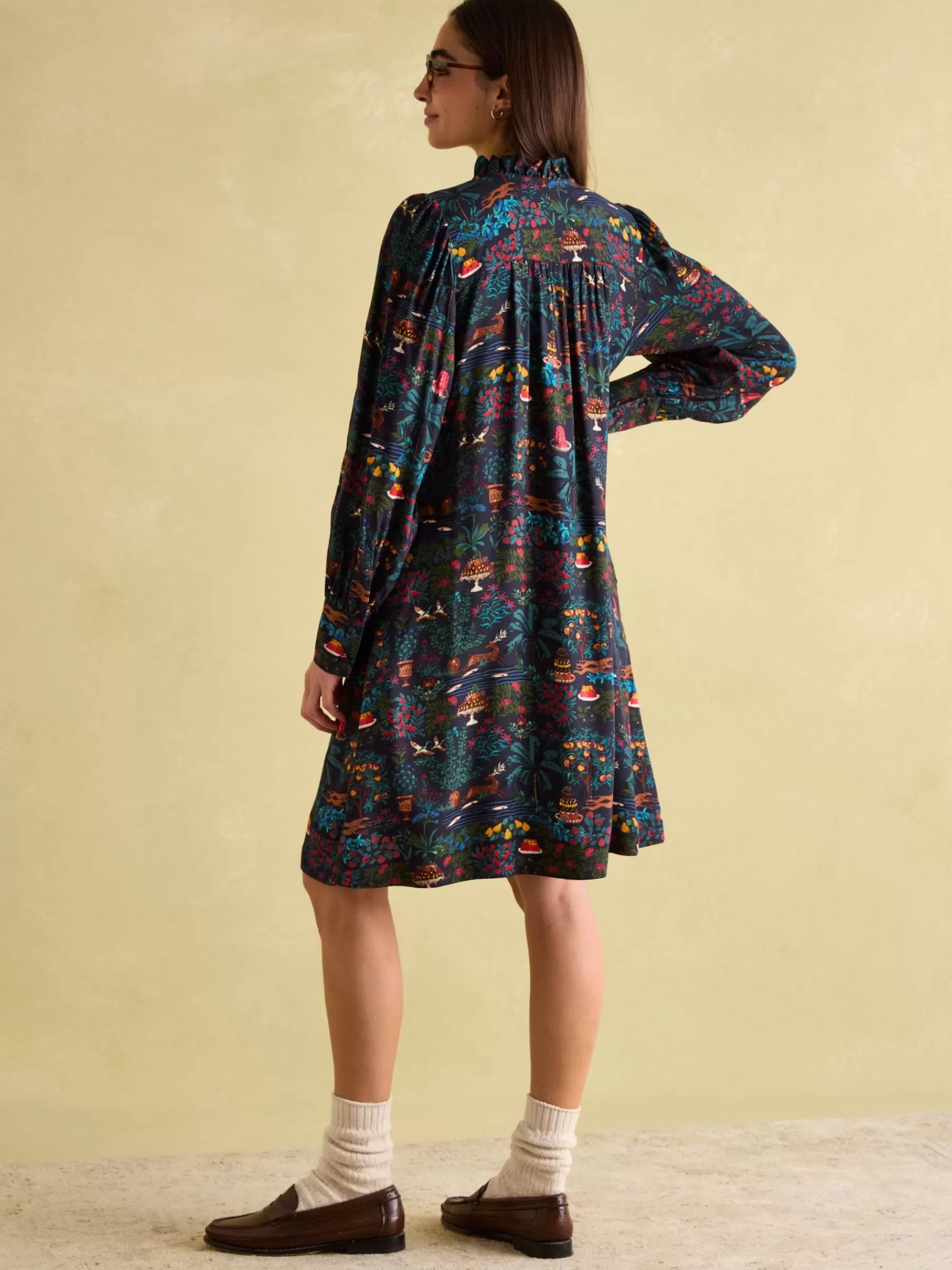 Joules Rosette Printed Dress with Pie Crust Neck Black Best