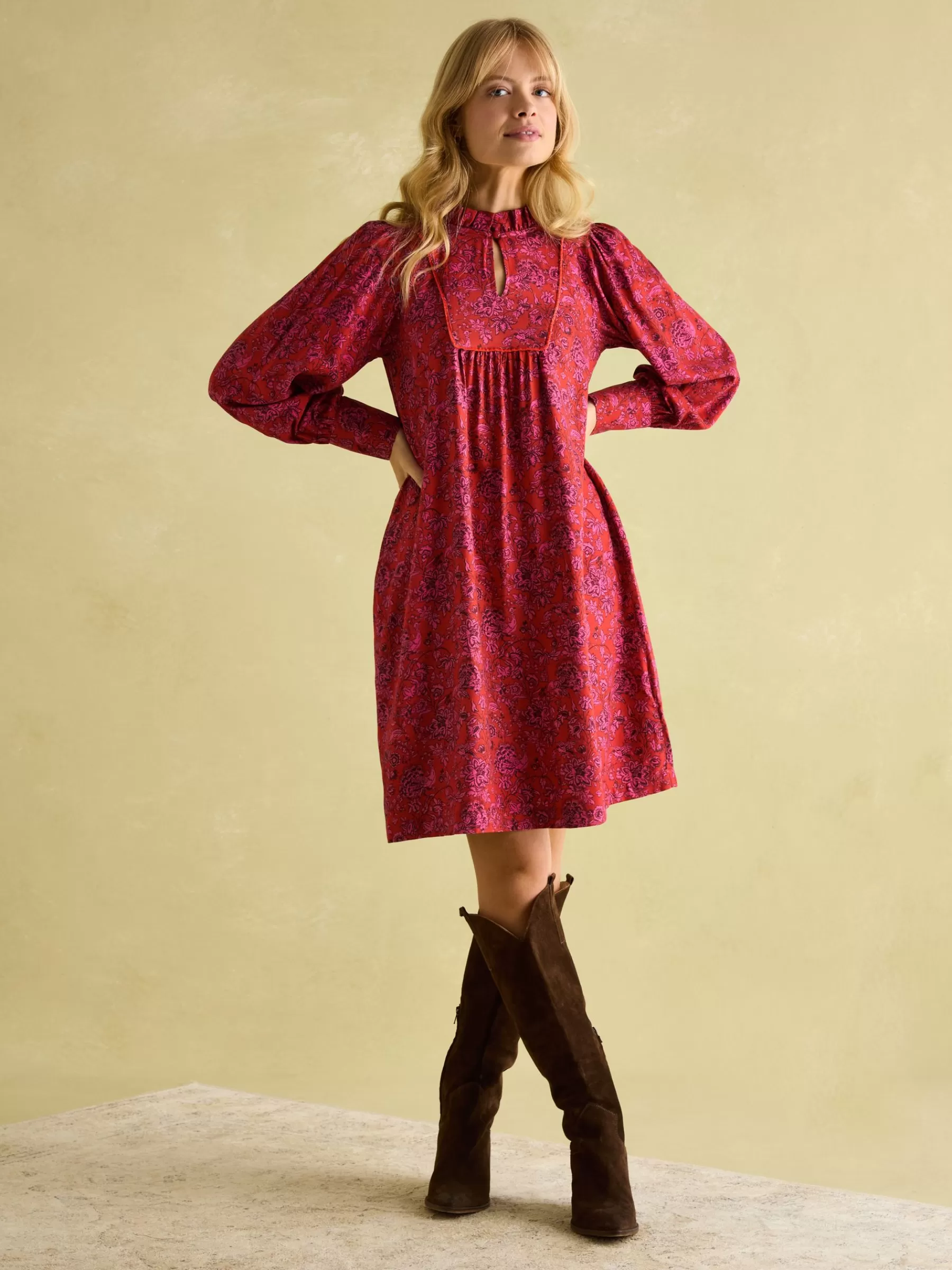 Joules Rosette Red Floral Printed Dress with Pie Crust Neck RedFloral Online