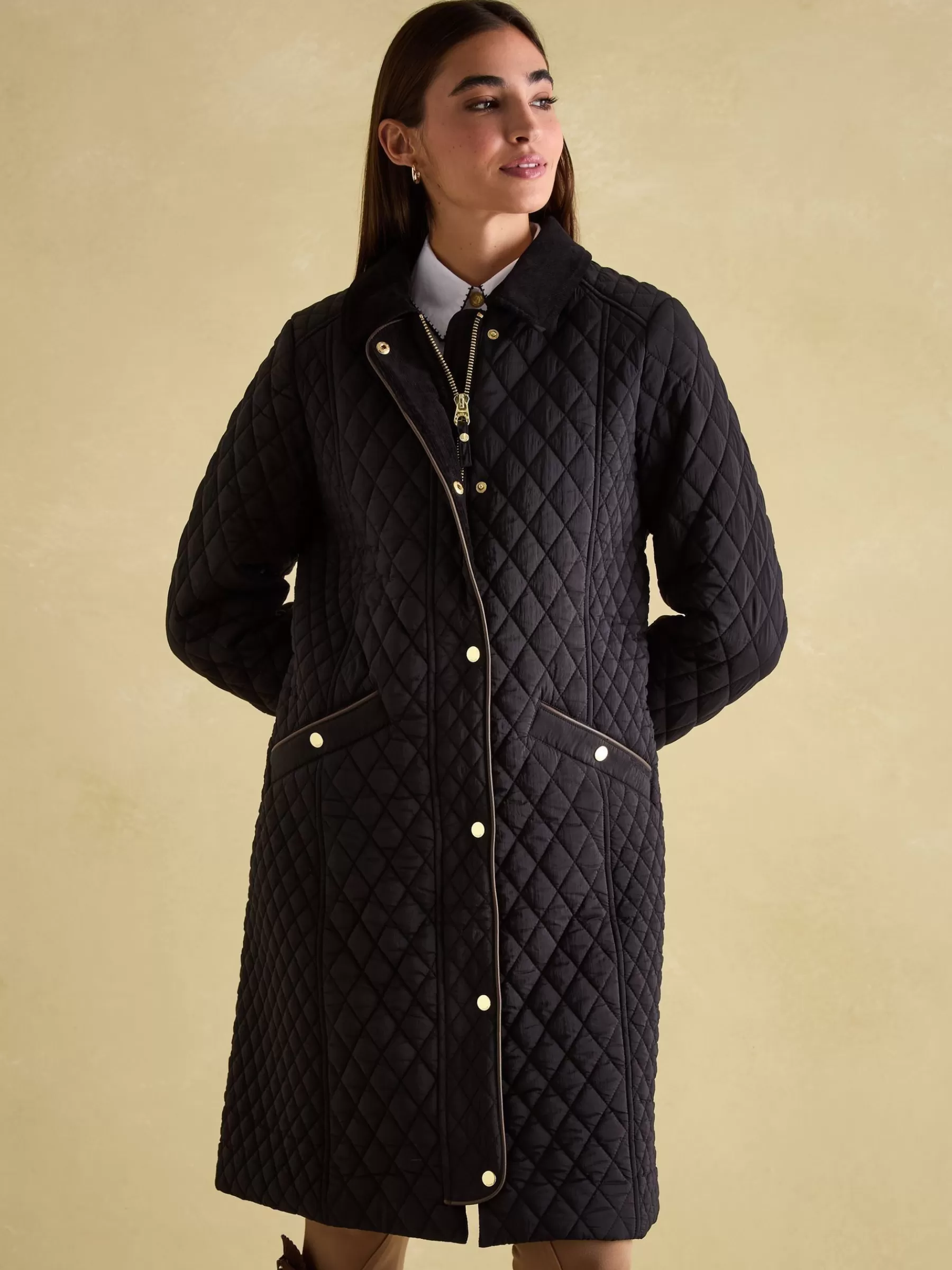 Joules Rosewell Showerproof Longline Diamond Quilted Coat Black Cheap