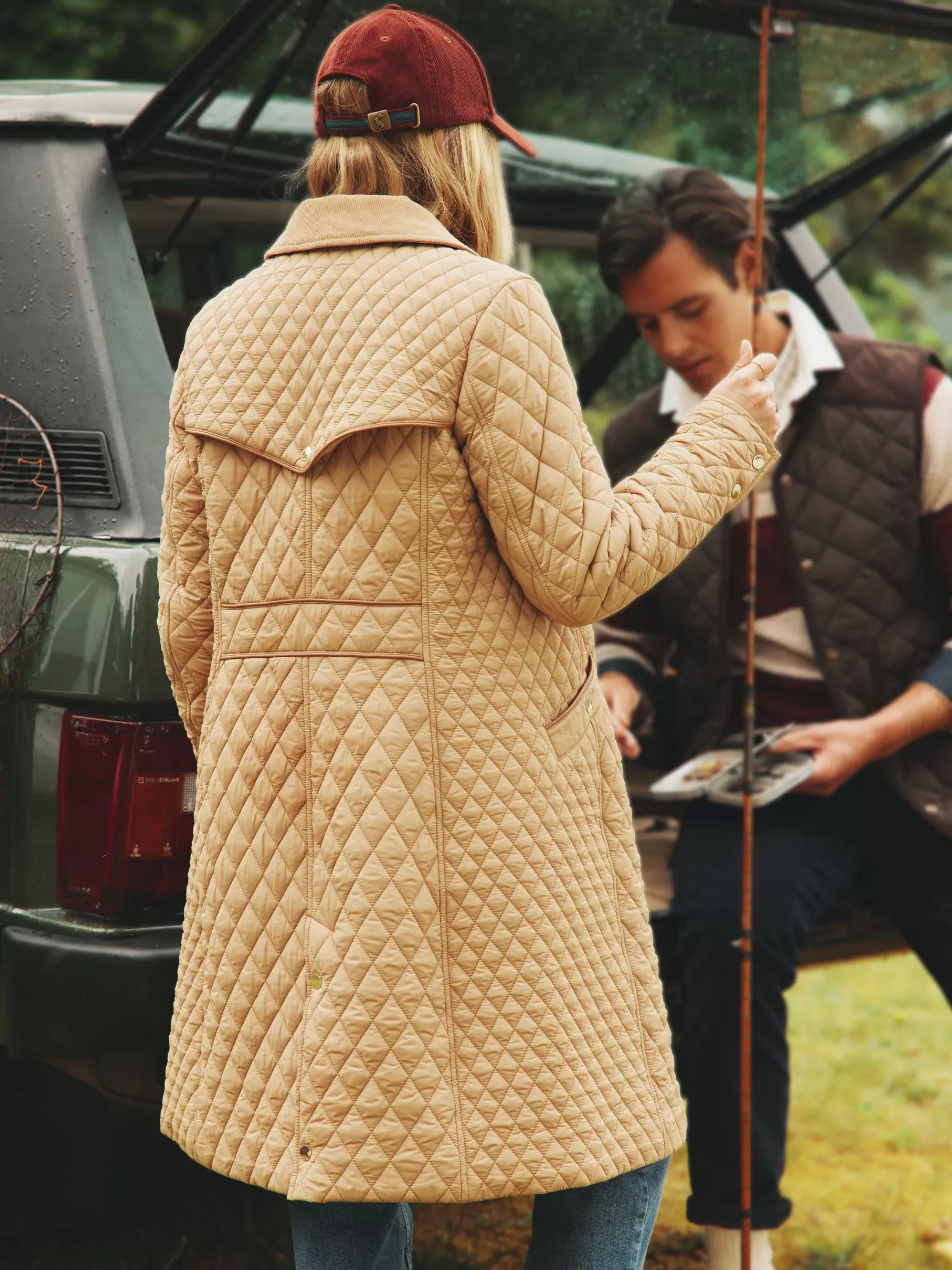 Joules Rosewell Tan Brown Showerproof Longline Diamond Quilted Coat TanBrown Shop