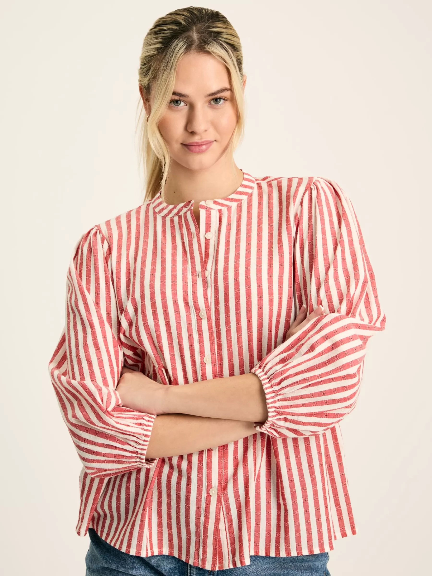 Joules Rowan Gathered Sleeve Blouse Red/White Clearance