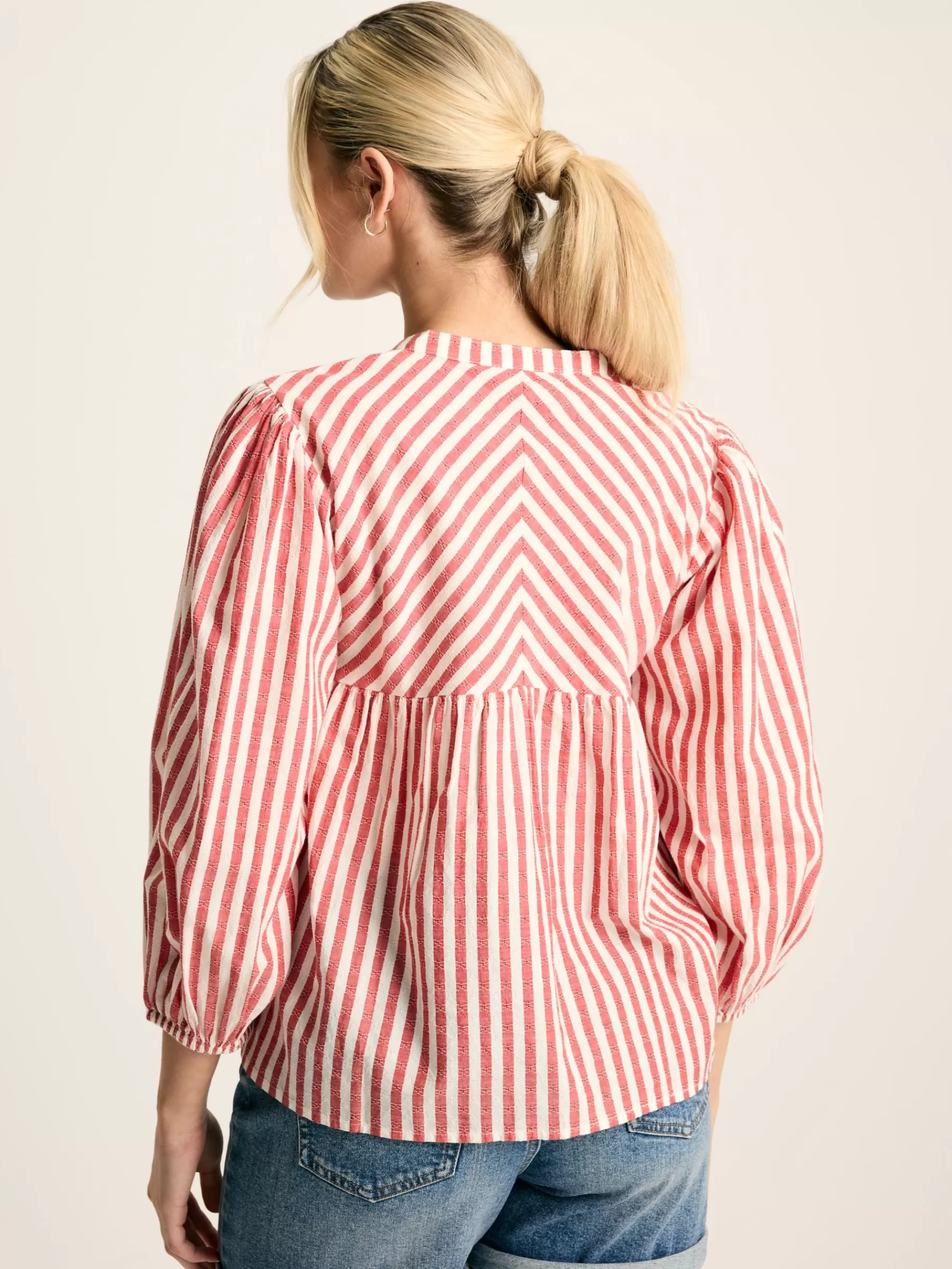 Joules Rowan Gathered Sleeve Blouse Red/White Clearance