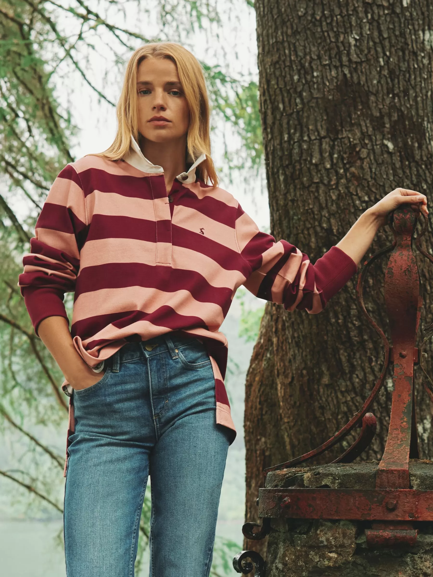 Joules Sammie Pink & Red Striped Heavyweight Cotton Rugby Shirt Pink&RedStriped Online