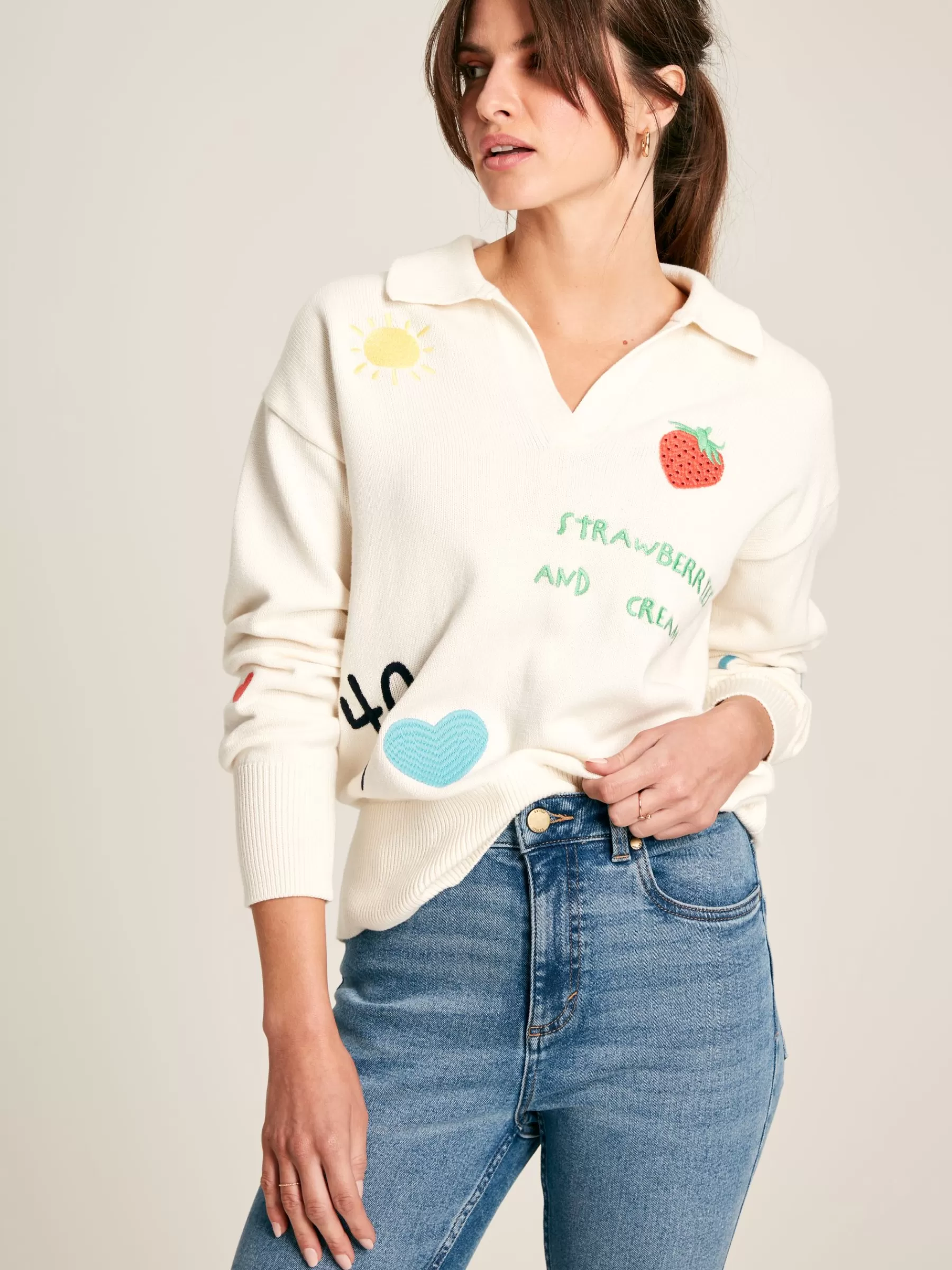 Joules Set Match Jumper with Tennis Embroidery Cream Clearance