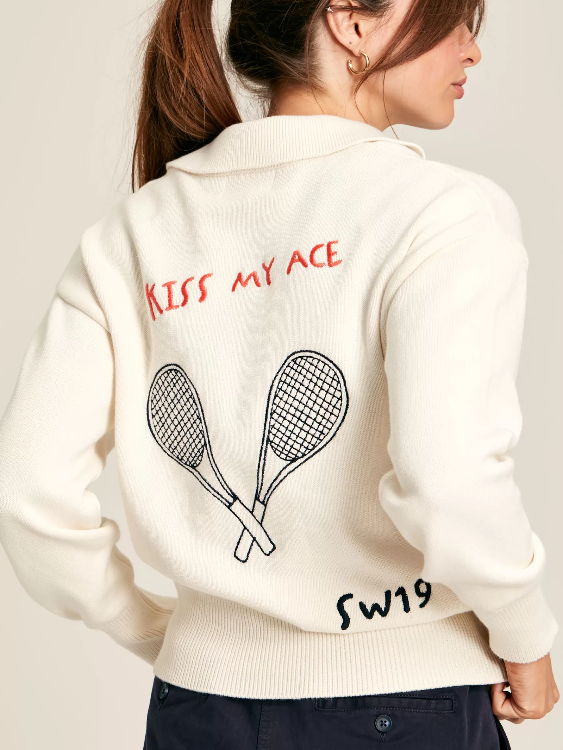 Joules Set Match Jumper with Tennis Embroidery Cream Clearance