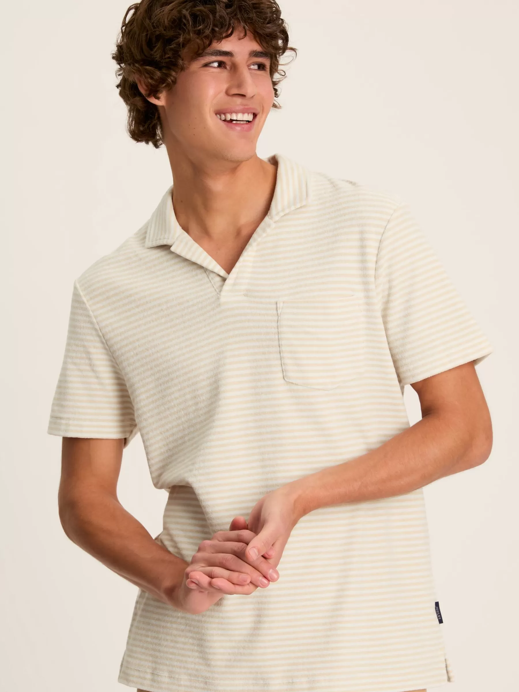 Joules Towelling Striped Polo Shirt Cream Online