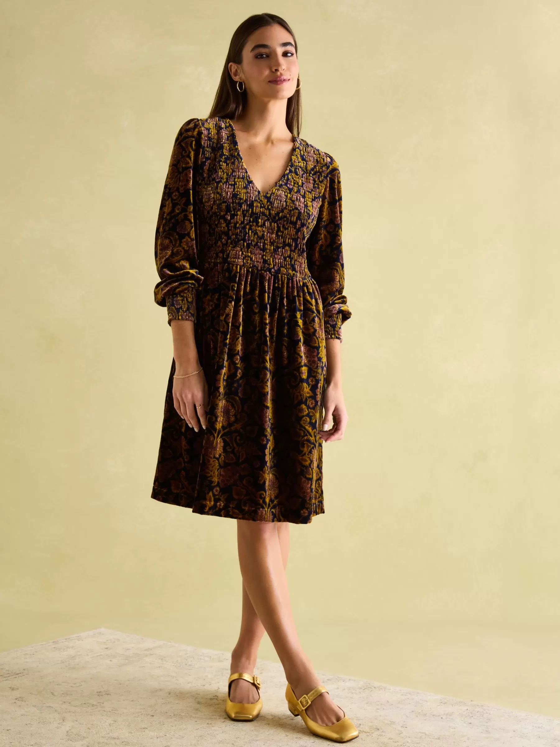 Joules Vanessa Velvet Shirred Dress Floral Discount