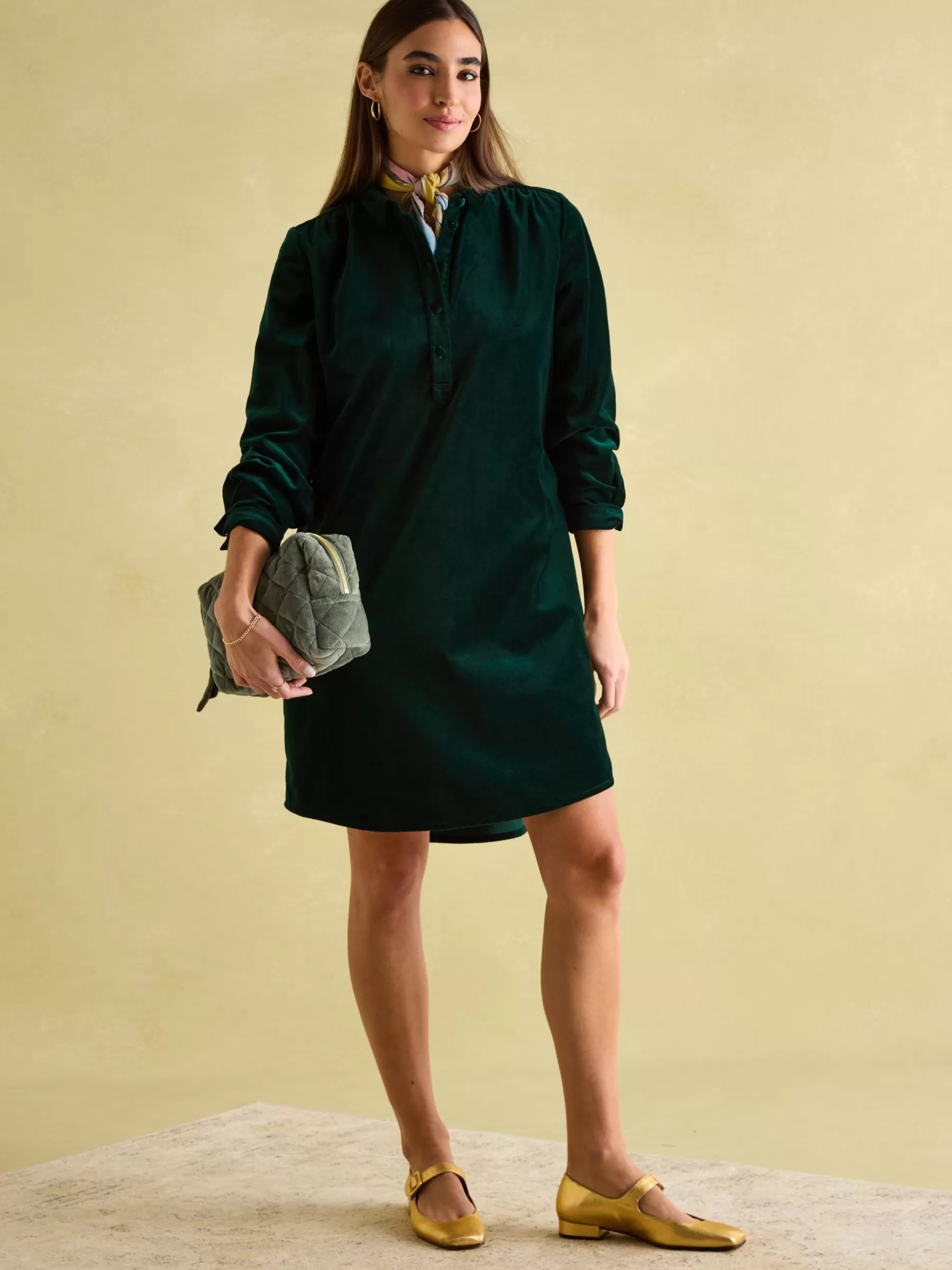 Joules Velvet Marlowe Nehru Collar Shirt Dress Green Flash Sale