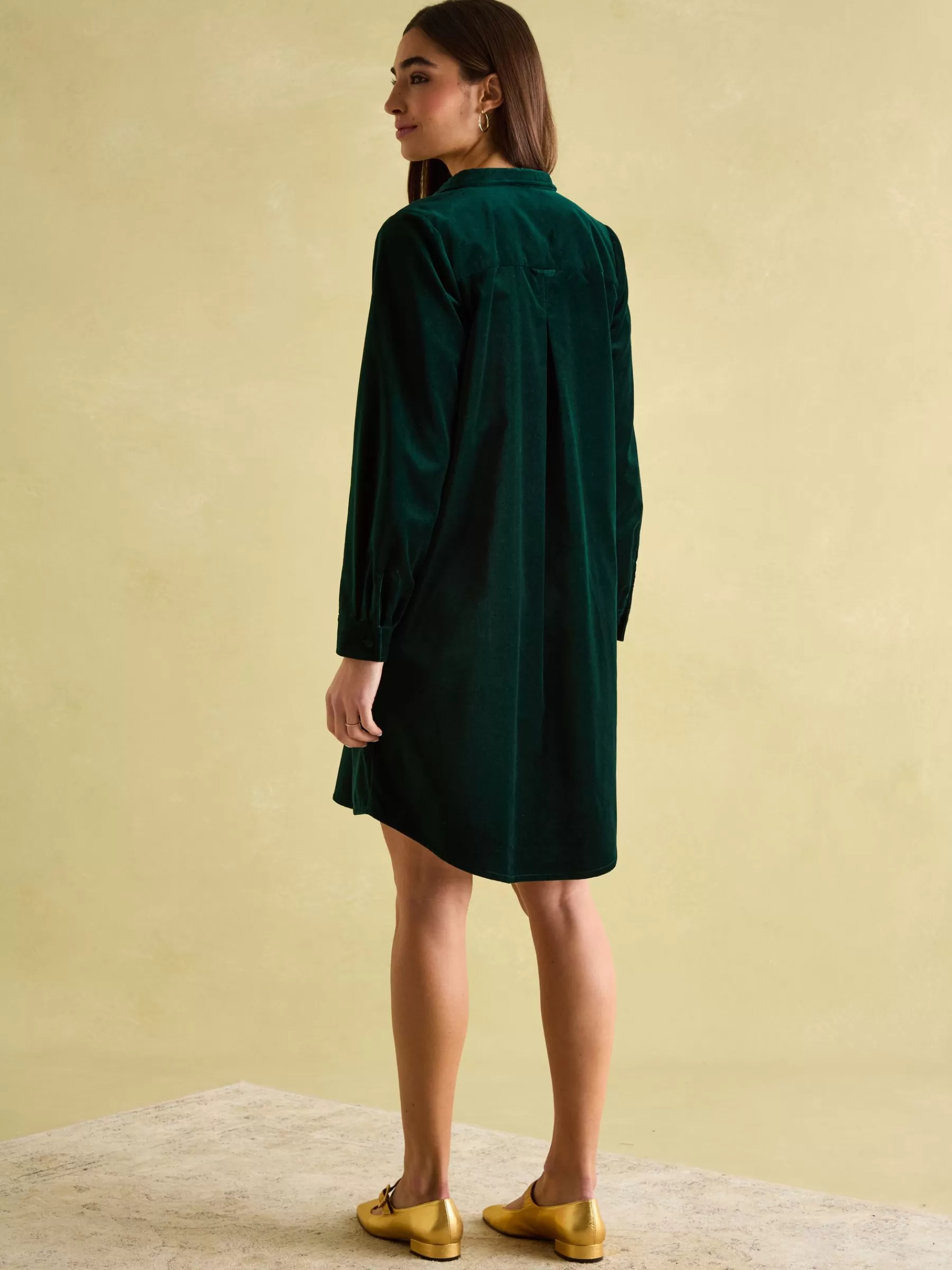 Joules Velvet Marlowe Nehru Collar Shirt Dress Green Flash Sale