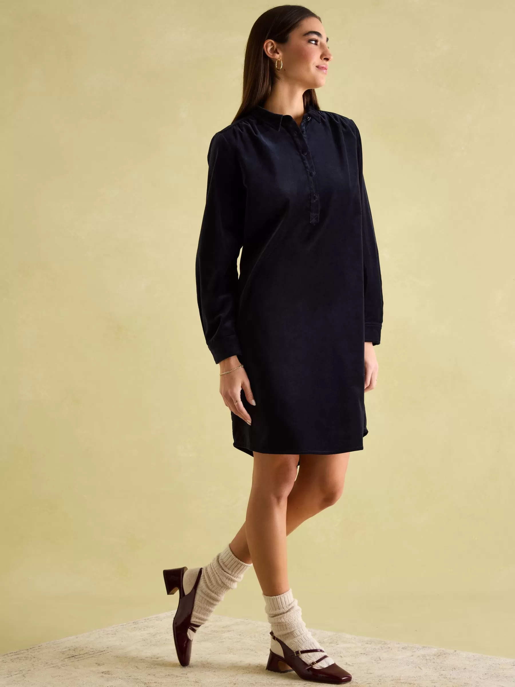 Joules Velvet Marlowe Nehru Collar Shirt Dress Navy Store