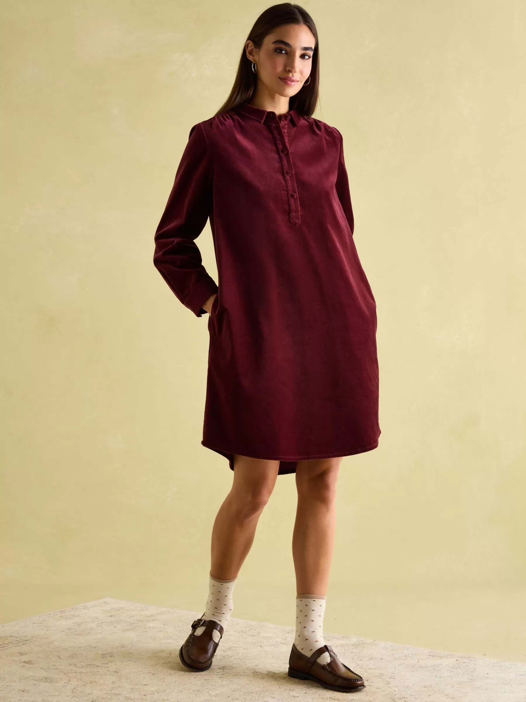 Joules Velvet Marlowe Nehru Collar Shirt Dress Red Hot